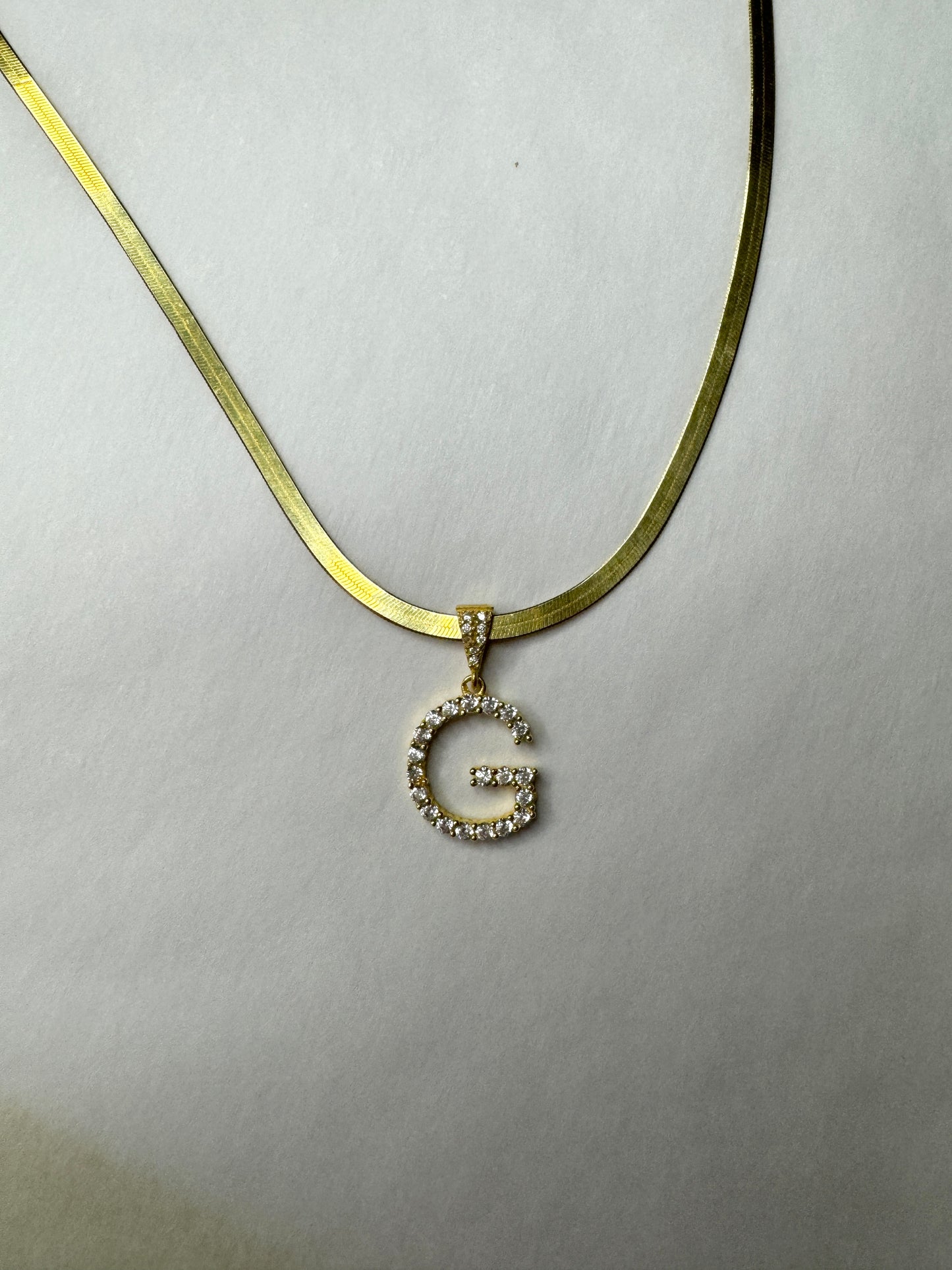 Pave initial Pendant with Herringbone Chain, Cz Diamond Letter Necklace , Custom Initial Necklace with Tennis Chain in Gold, Wife Gifts