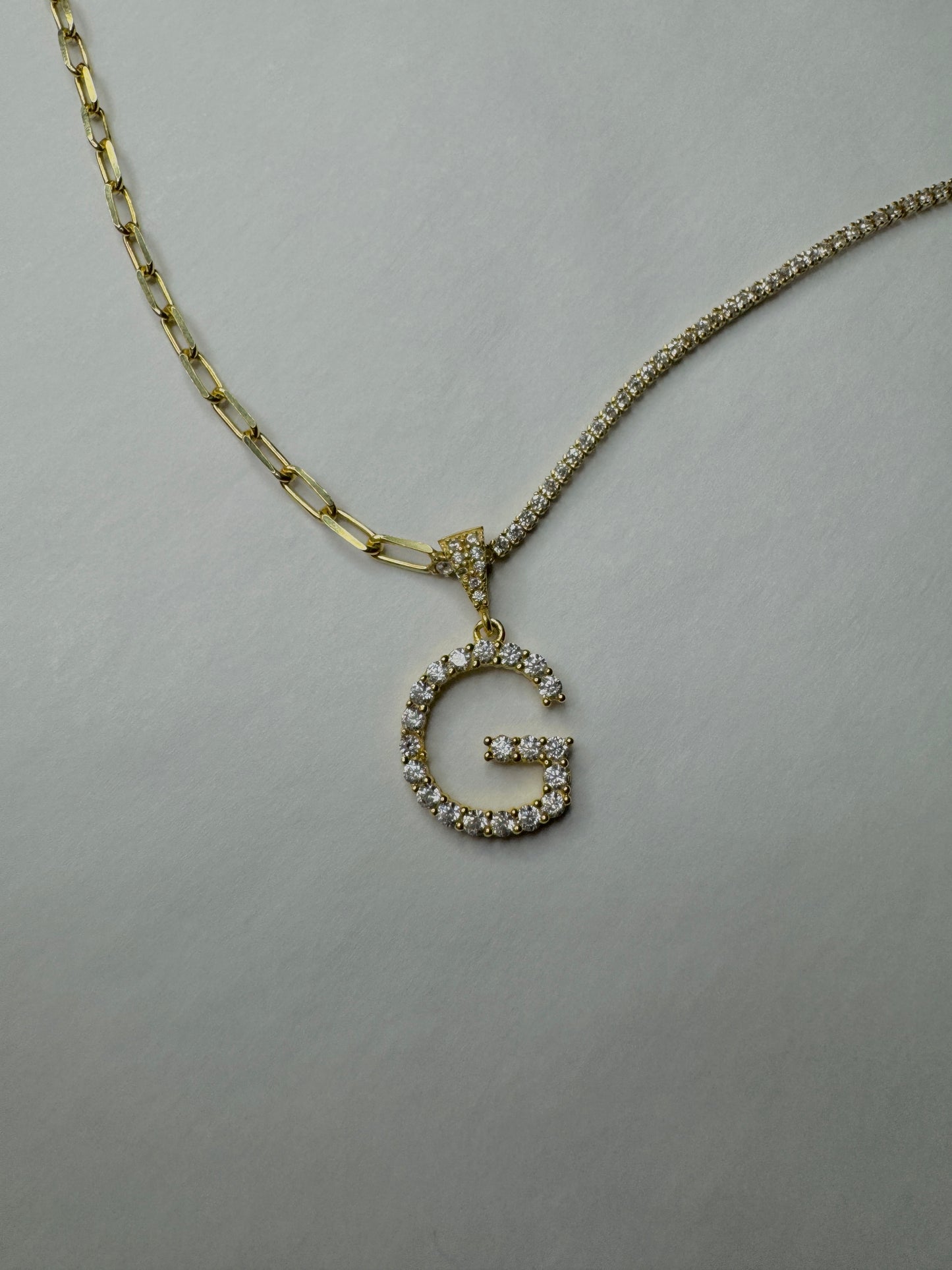 Pave initial Pendant with Herringbone Chain, Cz Diamond Letter Necklace , Custom Initial Necklace with Tennis Chain in Gold, Wife Gifts