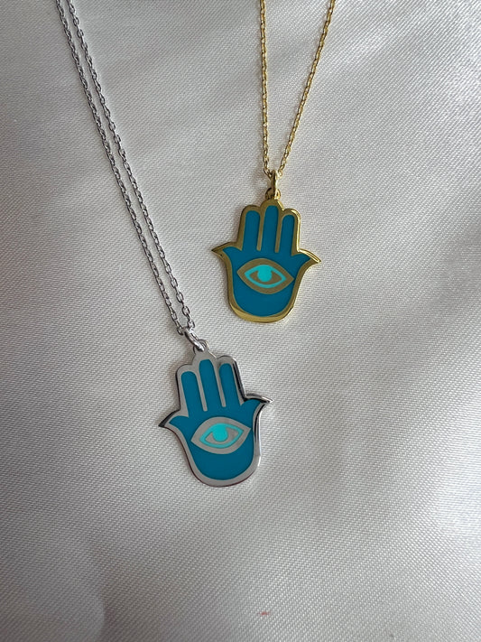 Enameled Hand of Fatima Necklace, Hamsa Hand Necklace in Sterling Silver , Protection Necklace, Colorful Enamel Hamsa Necklace with Evil Eye