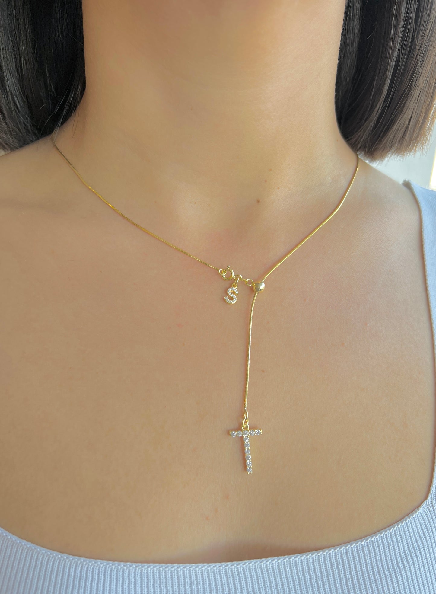 Double initial Necklace with Sliding Chain, Slider Chain with two initial Necklace, Initial Lariat Necklace