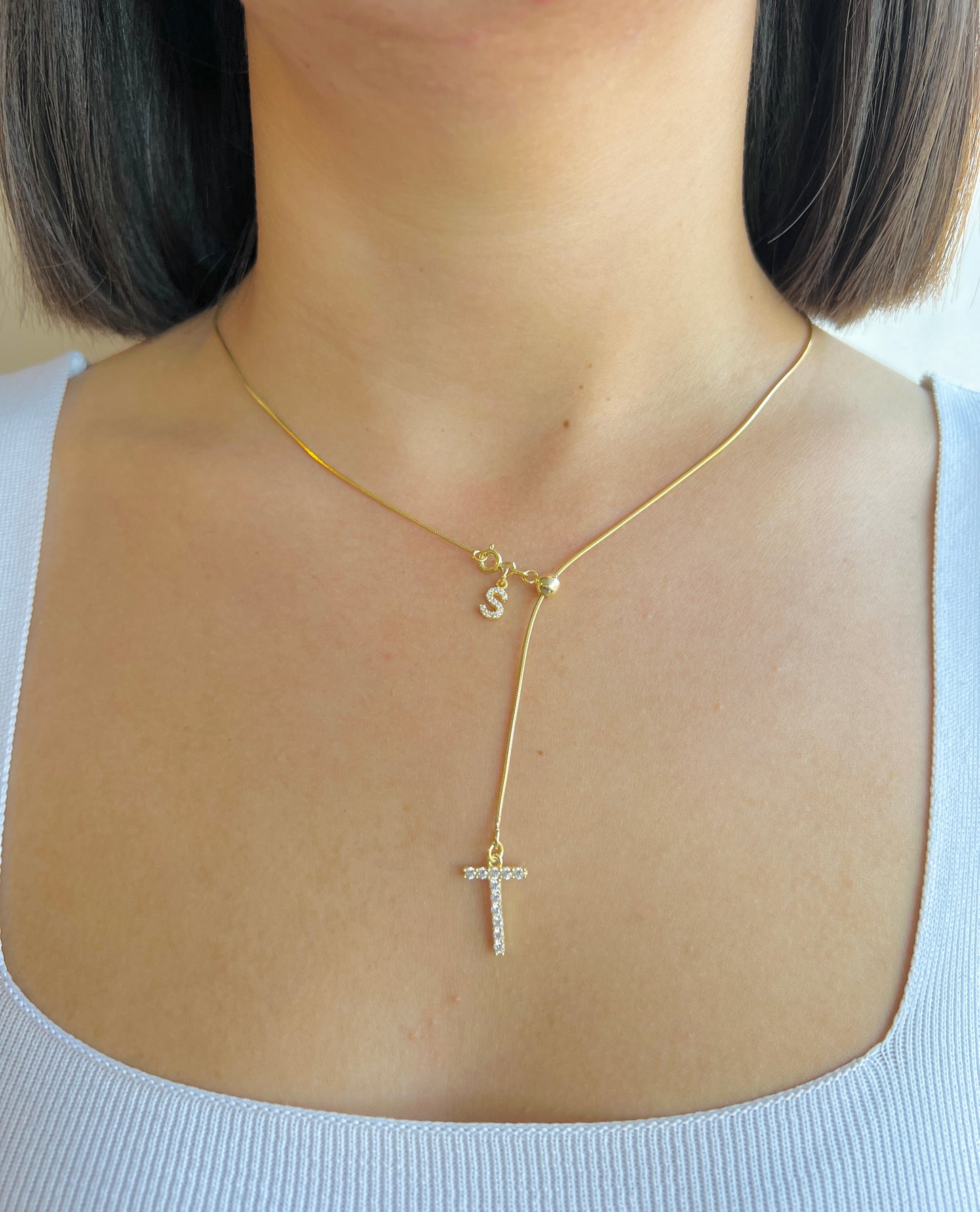 Double initial Necklace with Sliding Chain, Slider Chain with two initial Necklace, Initial Lariat Necklace