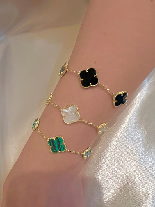 Four Leaf Clover Bracelet in Gold, Malachite Bracelet in Silver, Lucky Four Leaf Clover Bracelet, Double Sided Clover Bracelet in Gold