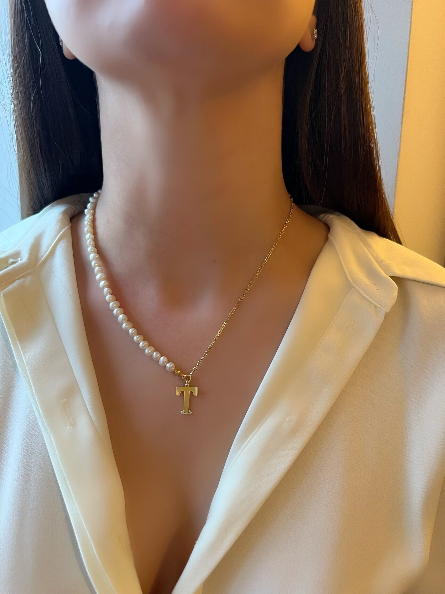 Pearl Name Necklace| Half Pearl Half Chain| Initial Pearl Necklace| Pearl Choker| Gold Pearl Necklace| Real Pearl Necklace| Pearl Jewelry