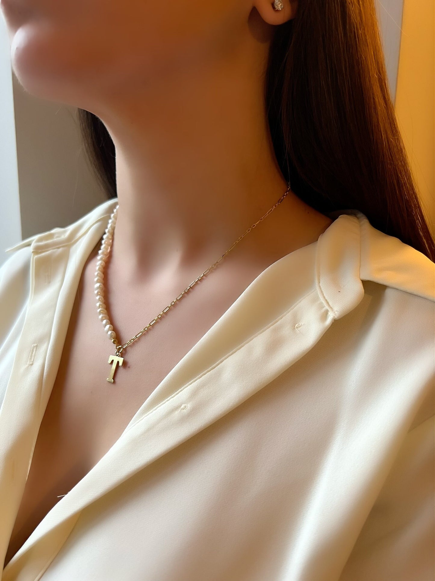 Pearl Name Necklace| Half Pearl Half Chain| Initial Pearl Necklace| Pearl Choker| Gold Pearl Necklace| Real Pearl Necklace| Pearl Jewelry