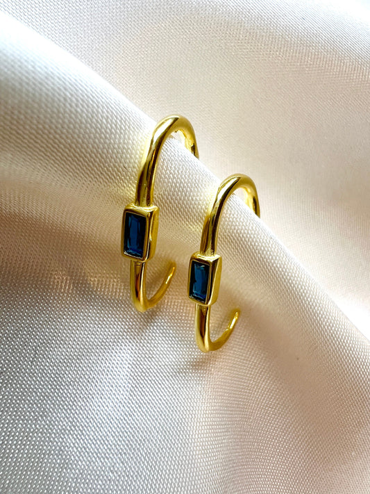 Gold Rectangle Hoop Earrings With Blue Gemstone | Rectangle Hoop Earrings | Minimal Hoop Earrings | Dainty Hoop Earrings | Gift For Her