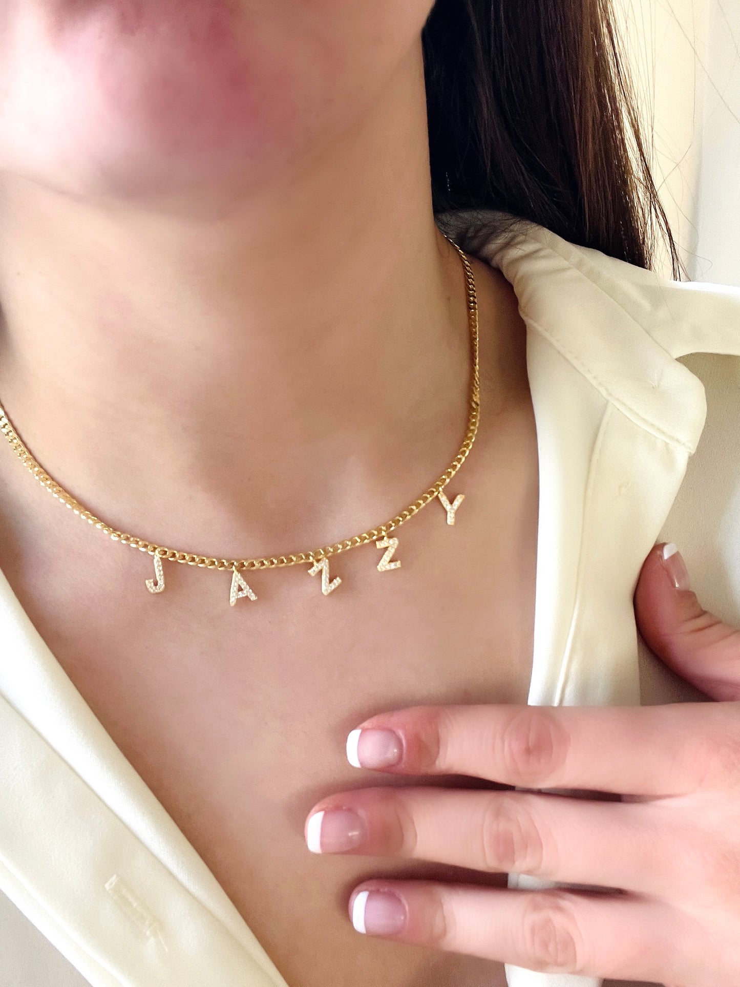 Name Choker Necklace | CZ Pave Name Choker in Gold | CZ Name Necklace | initial Necklace | Letter Name Necklace | Couples Necklace in Gold