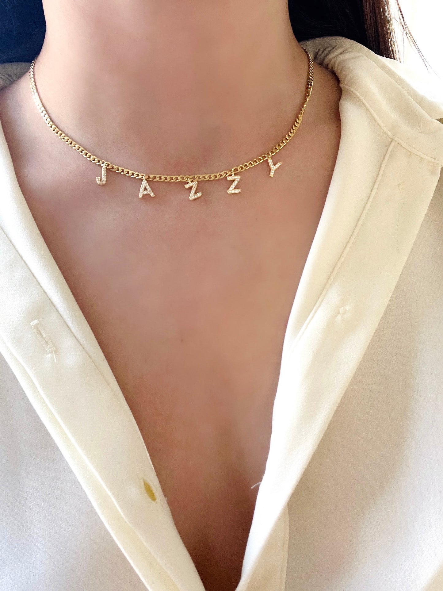 Name Choker Necklace | CZ Pave Name Choker in Gold | CZ Name Necklace | initial Necklace | Letter Name Necklace | Couples Necklace in Gold