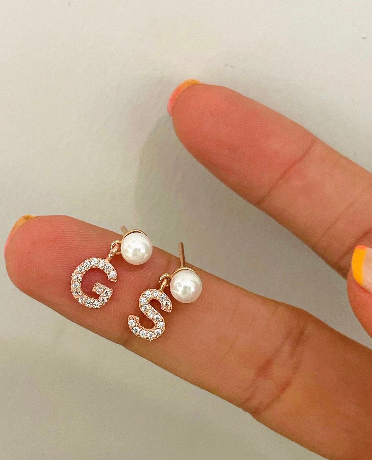 initial Earrings in Gold| Silver Pearl Earring| Alphabet Earrings in Rose Gold| Letter Stud Earrings| Silver Pearl Earring| Modern Earrings