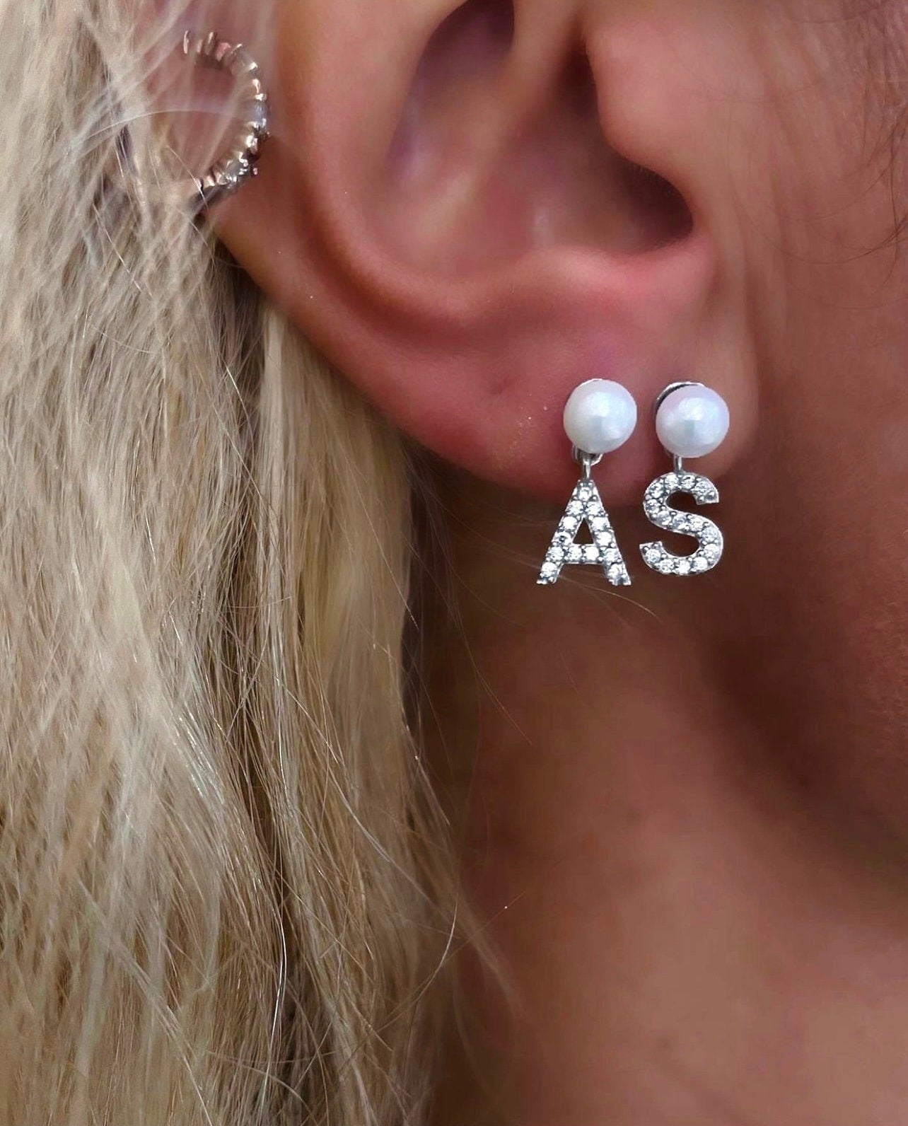 initial Earrings in Gold| Silver Pearl Earring| Alphabet Earrings in Rose Gold| Letter Stud Earrings| Silver Pearl Earring| Modern Earrings