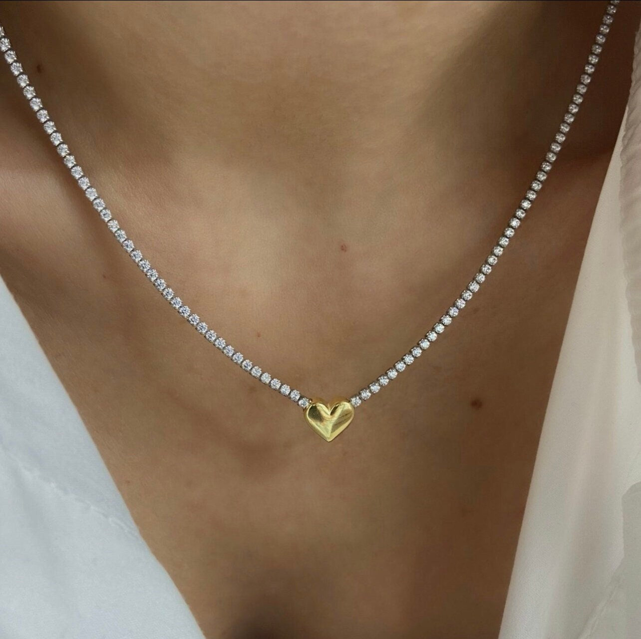 Tennis Necklace Choker in Gold| Diamond Heart Charm Necklace| Diamond Chain with Heart| Cz Necklace| Silver Tennis Choker| Diamond Necklaces