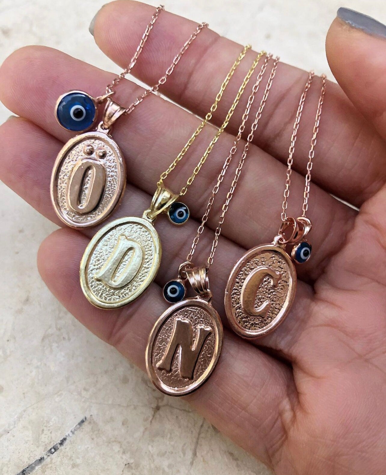 initial Jewelry in Gold| initials Necklace in Silver| Personalized Plate Pendant with Evil Eye Charm| Gold initials| Personalized initials