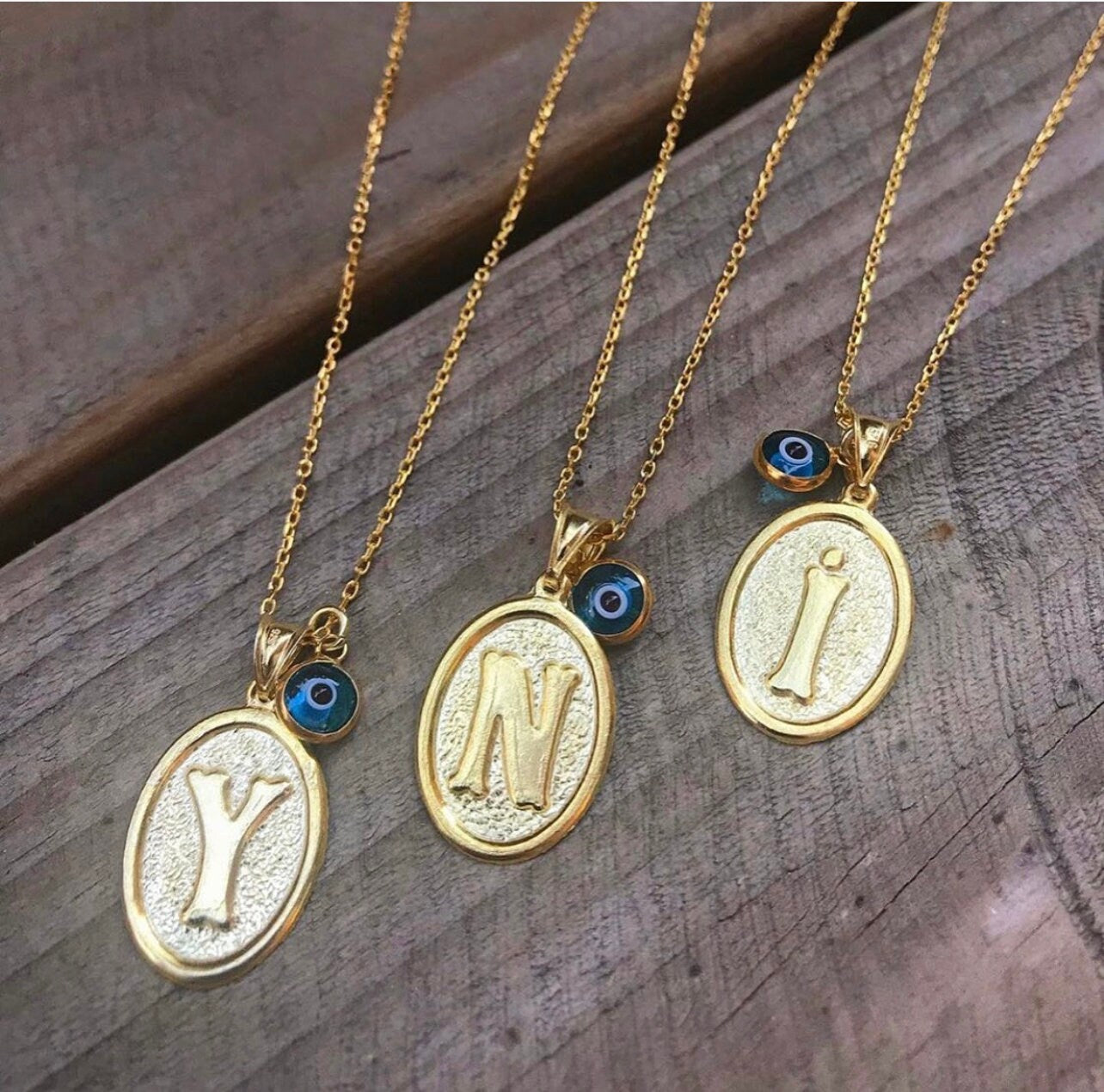 initial Jewelry in Gold| initials Necklace in Silver| Personalized Plate Pendant with Evil Eye Charm| Gold initials| Personalized initials