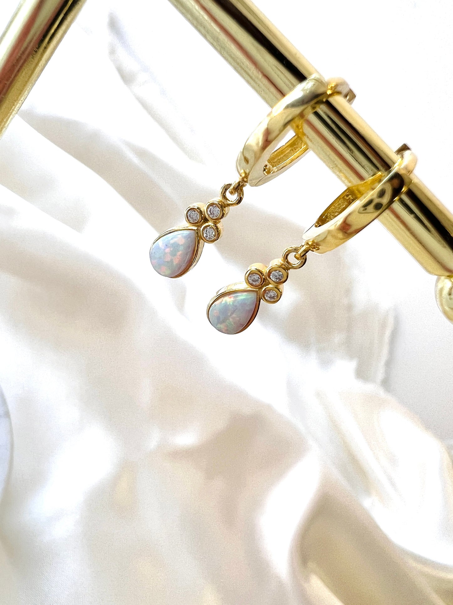 Opal Huggie Earrings in Gold| Opal Hoops in Sterling Silver| Minimalist Opal Hoop Earrings| White Opal Earrings in Gold| Opal Birthstone