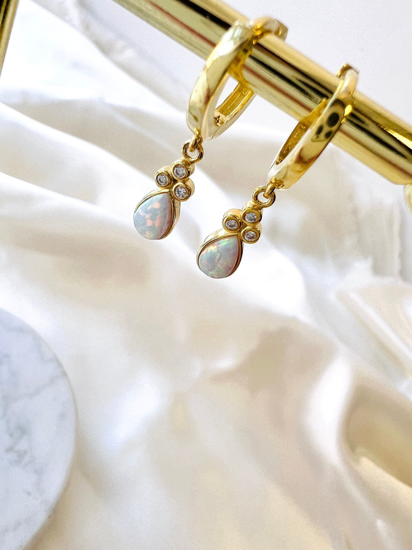 Opal Huggie Earrings in Gold| Opal Hoops in Sterling Silver| Minimalist Opal Hoop Earrings| White Opal Earrings in Gold| Opal Birthstone