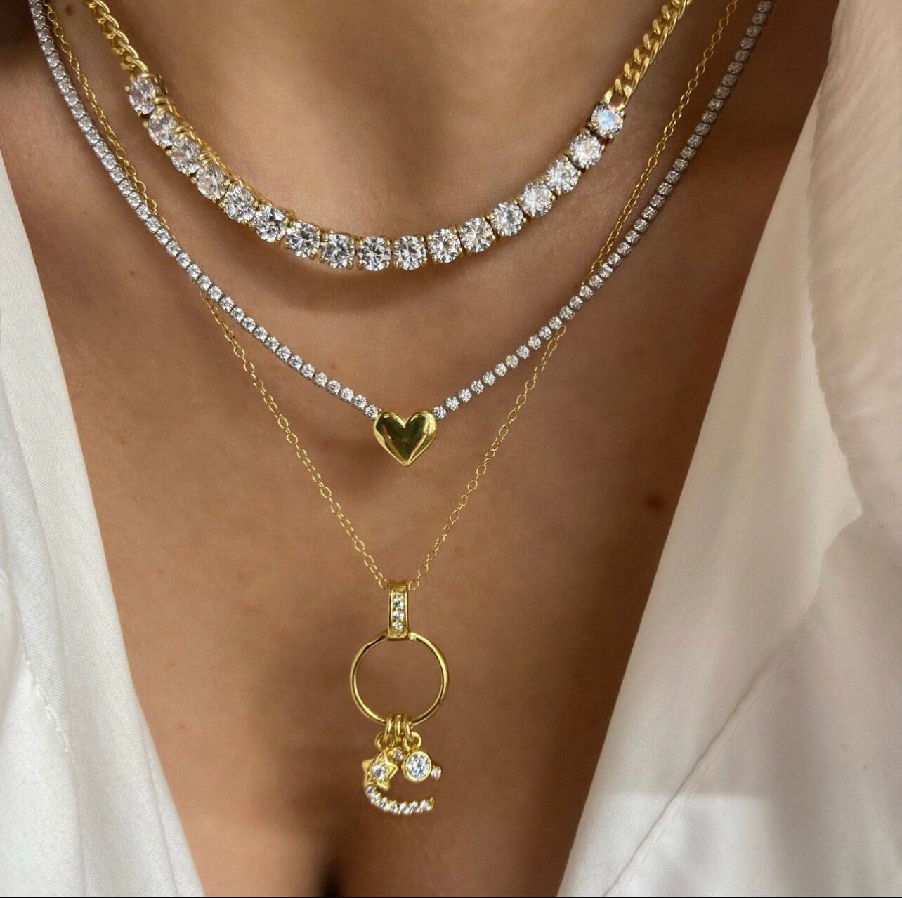 Tennis Necklace Choker in Gold| Diamond Heart Charm Necklace| Diamond Chain with Heart| Cz Necklace| Silver Tennis Choker| Diamond Necklaces