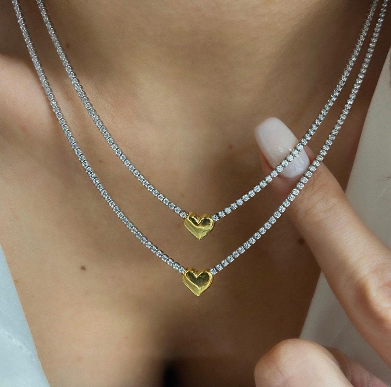 Tennis Necklace Choker in Gold| Diamond Heart Charm Necklace| Diamond Chain with Heart| Cz Necklace| Silver Tennis Choker| Diamond Necklaces