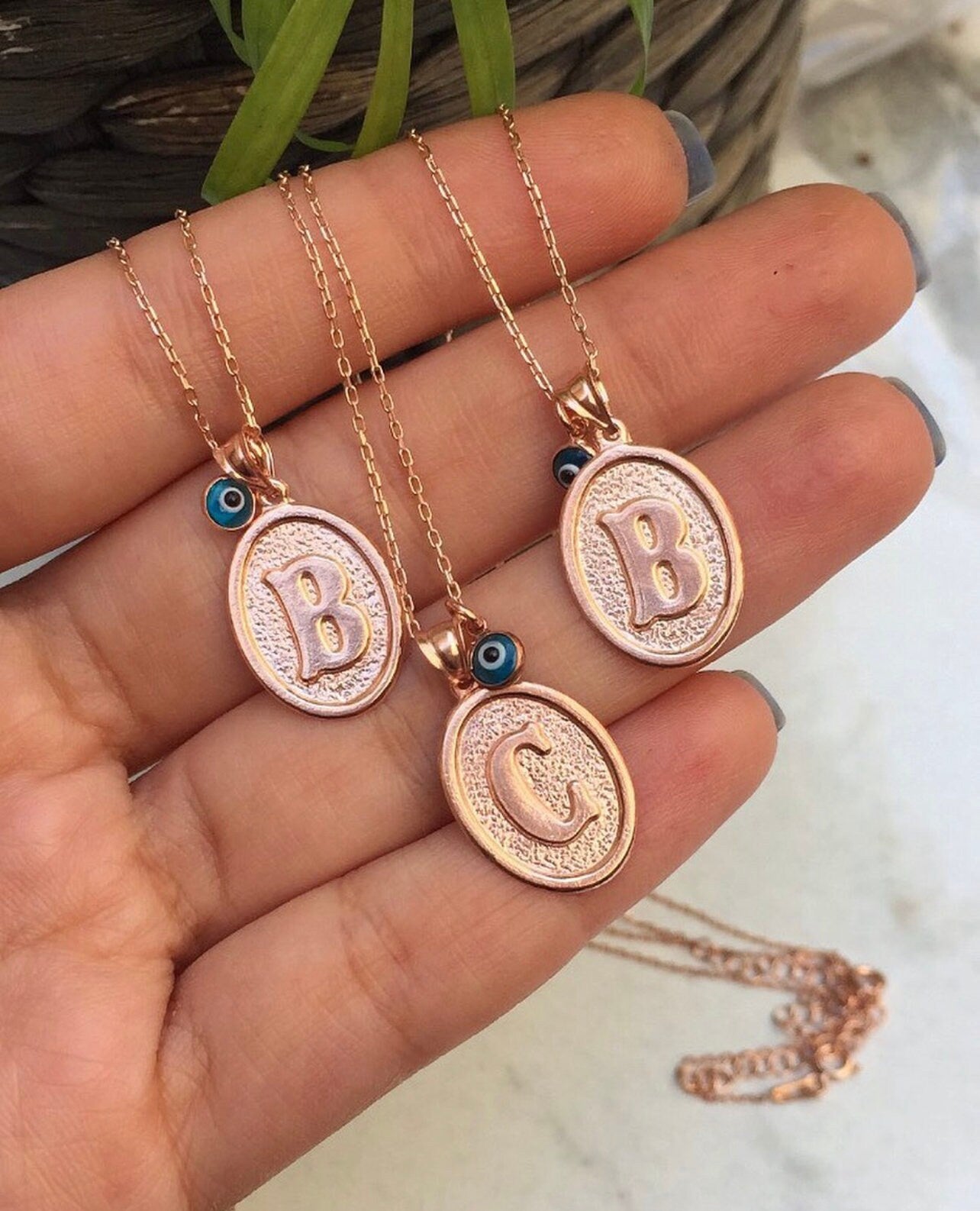 initial Jewelry in Gold| initials Necklace in Silver| Personalized Plate Pendant with Evil Eye Charm| Gold initials| Personalized initials