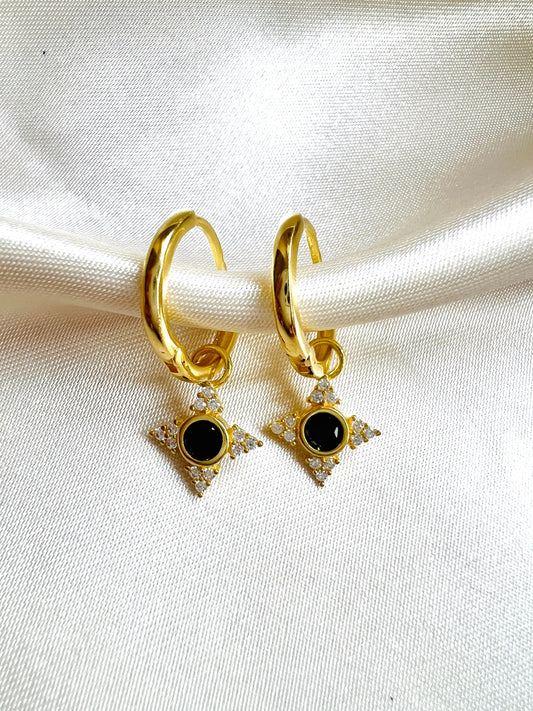 Gold Huggie Earrings Black Stone Onyx | Gold CZ Huggies | Huggie Hoops | Minimalist Hoops | Dainty Earrings | Dangle Flowe CZ hoops | Gift