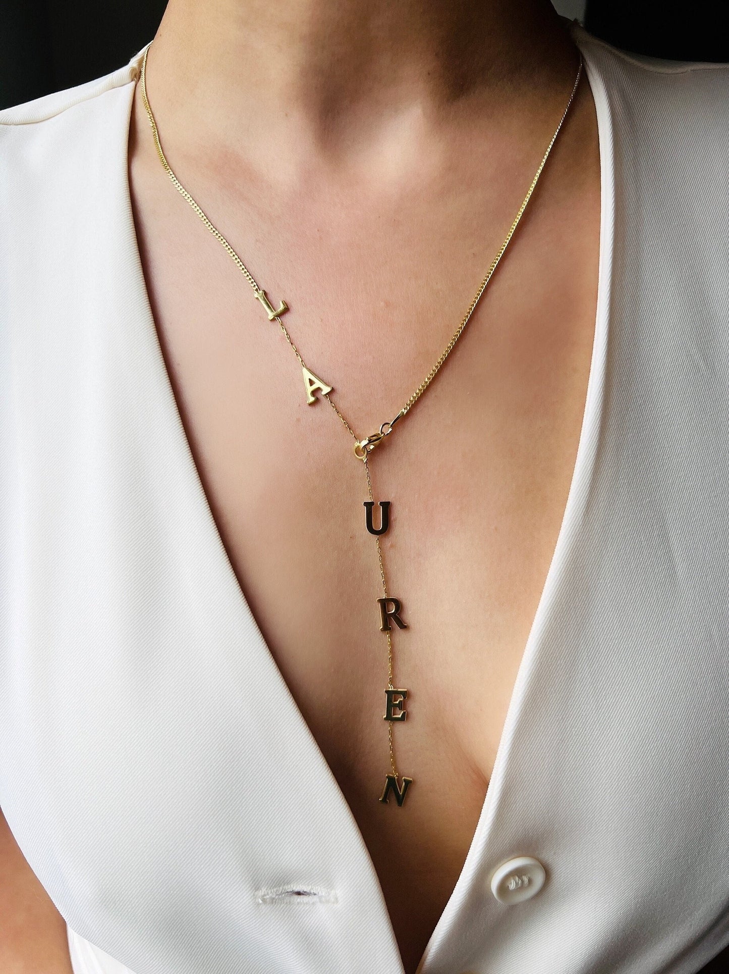 Lariat Y Shaped Necklace in Gold| Dainty Name Necklace| Drop Name Necklace in Rose Gold| Letter Name Necklace| Unique Customize Necklace