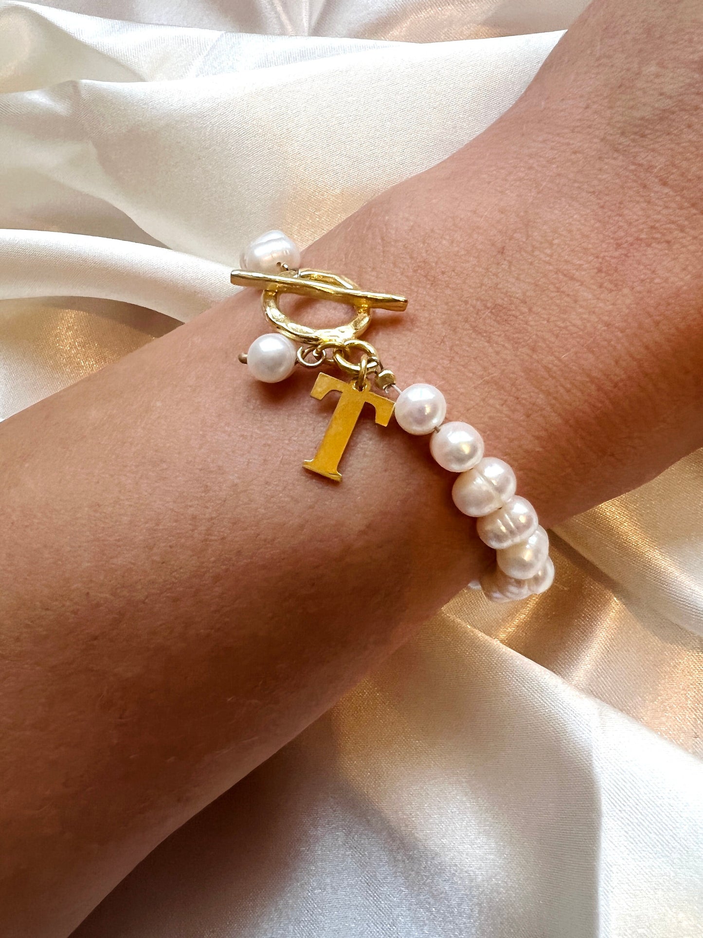 Personalised Ivory Pearl Initial Bracelet| Pearl Bracelet|Stacking Bracelet|Initials Bracelet in Sterling Silver|Gold Charm Initial Bracelet