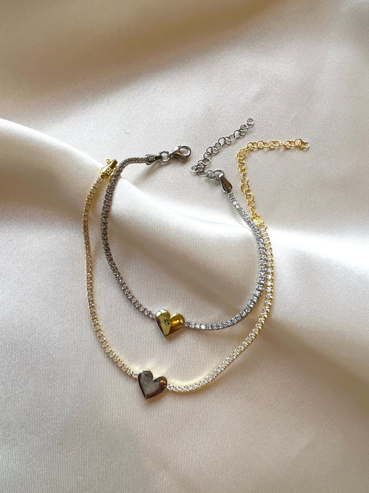 Silver CZ Tennis Bracelet| Dainty Bracelet| Heart Shape Charm Tennis Bracelet| Gold Tenis Bracelet| Cubic Zirconia Tennis Bracelet in Silver