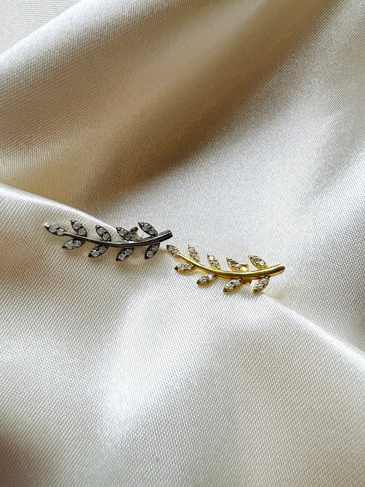 Sterling Silver with CZ Leaves Stud Earrings| Skinny Olive Leaf Earrings| Modern Sparkling Stud Earrings| Gold Leaf Stud Earrings