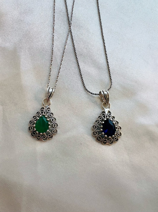 Filigree Pendant in 925 Sterling Silver | Handmade Sapphire and Emerald Necklace | Pear Shape Filigree Pendant Necklace | Handmade Jewellery