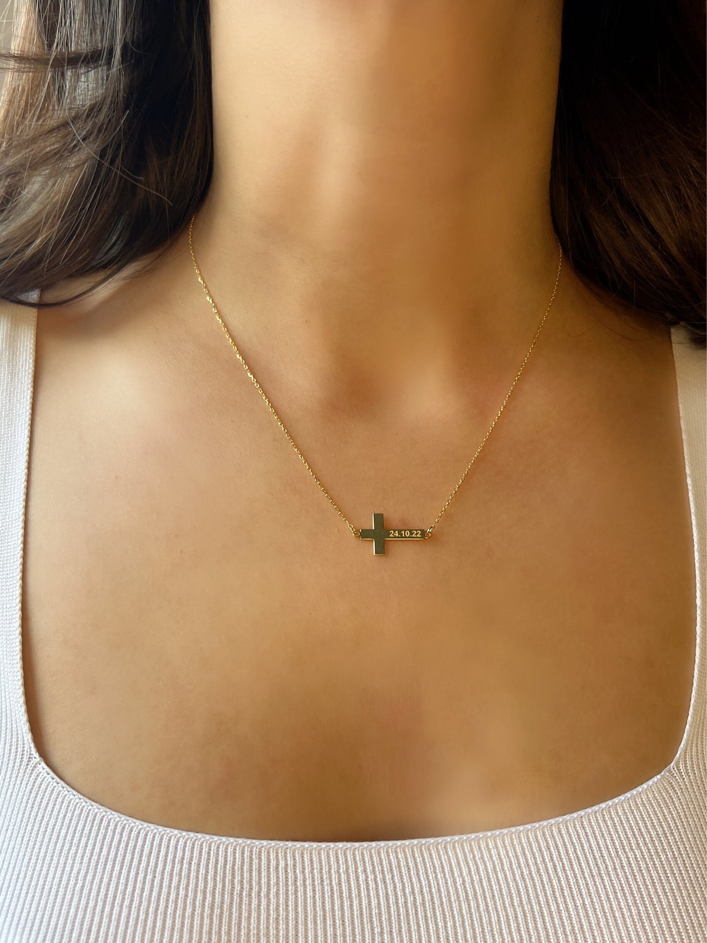 Personalized Cross Necklace| Engraved Cross Pendant for Men| Christian Necklace in Gold| Custom Made Cross Necklace| Sideways Cross Pendant