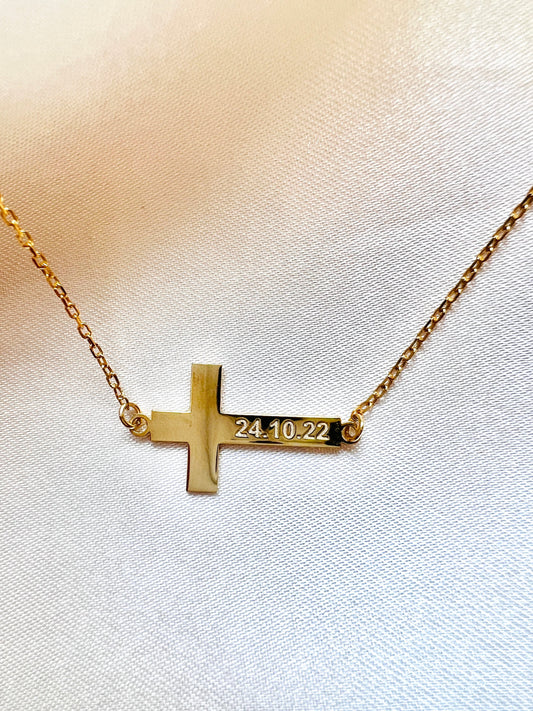 Personalized Cross Necklace| Engraved Cross Pendant for Men| Christian Necklace in Gold| Custom Made Cross Necklace| Sideways Cross Pendant