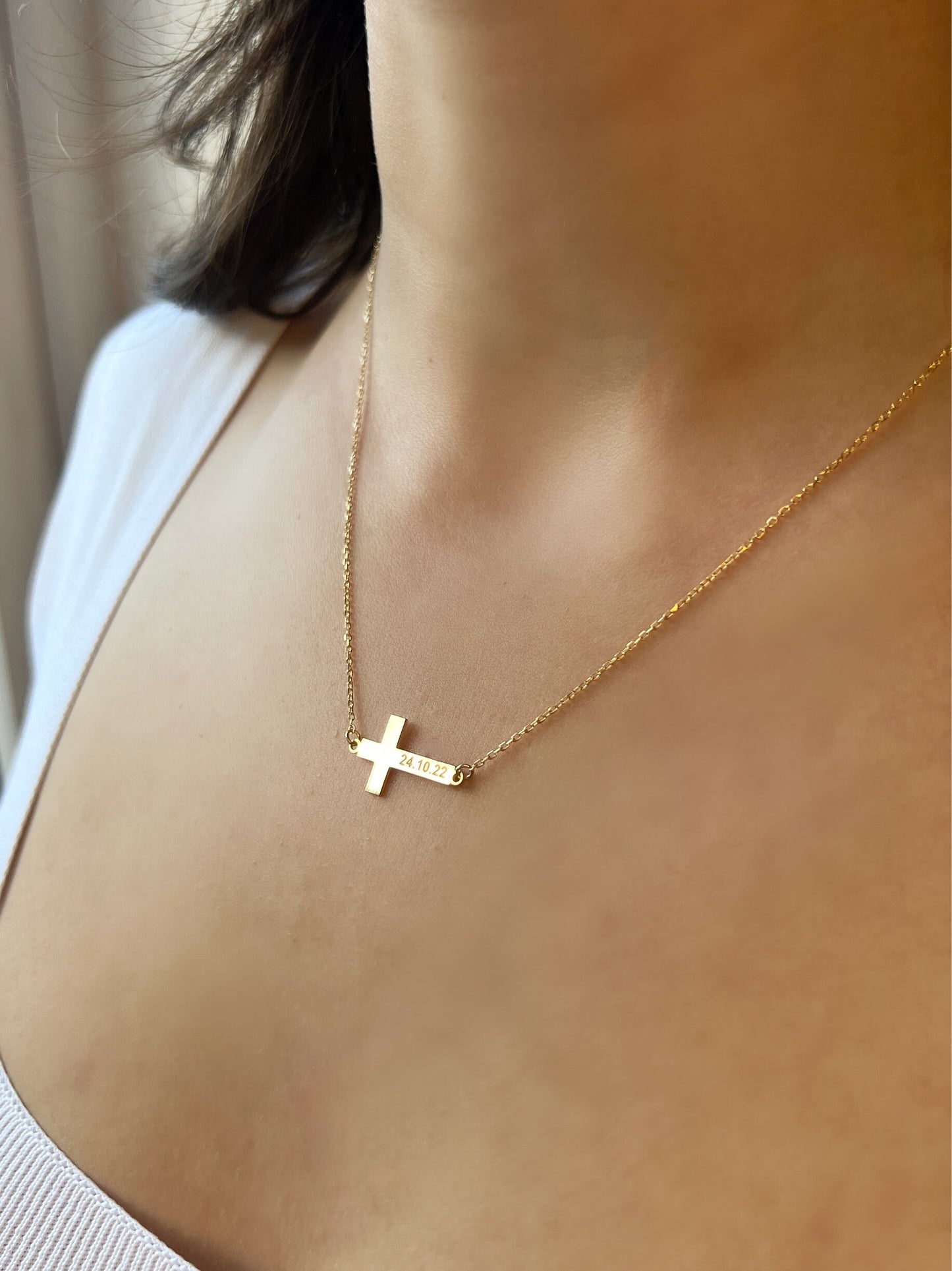 Personalized Cross Necklace| Engraved Cross Pendant for Men| Christian Necklace in Gold| Custom Made Cross Necklace| Sideways Cross Pendant