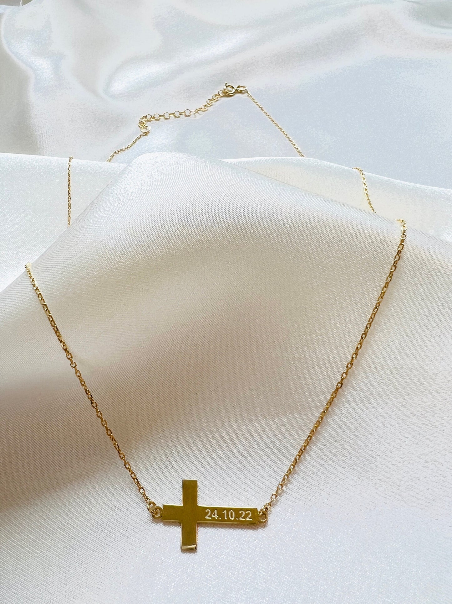 Personalized Cross Necklace| Engraved Cross Pendant for Men| Christian Necklace in Gold| Custom Made Cross Necklace| Sideways Cross Pendant