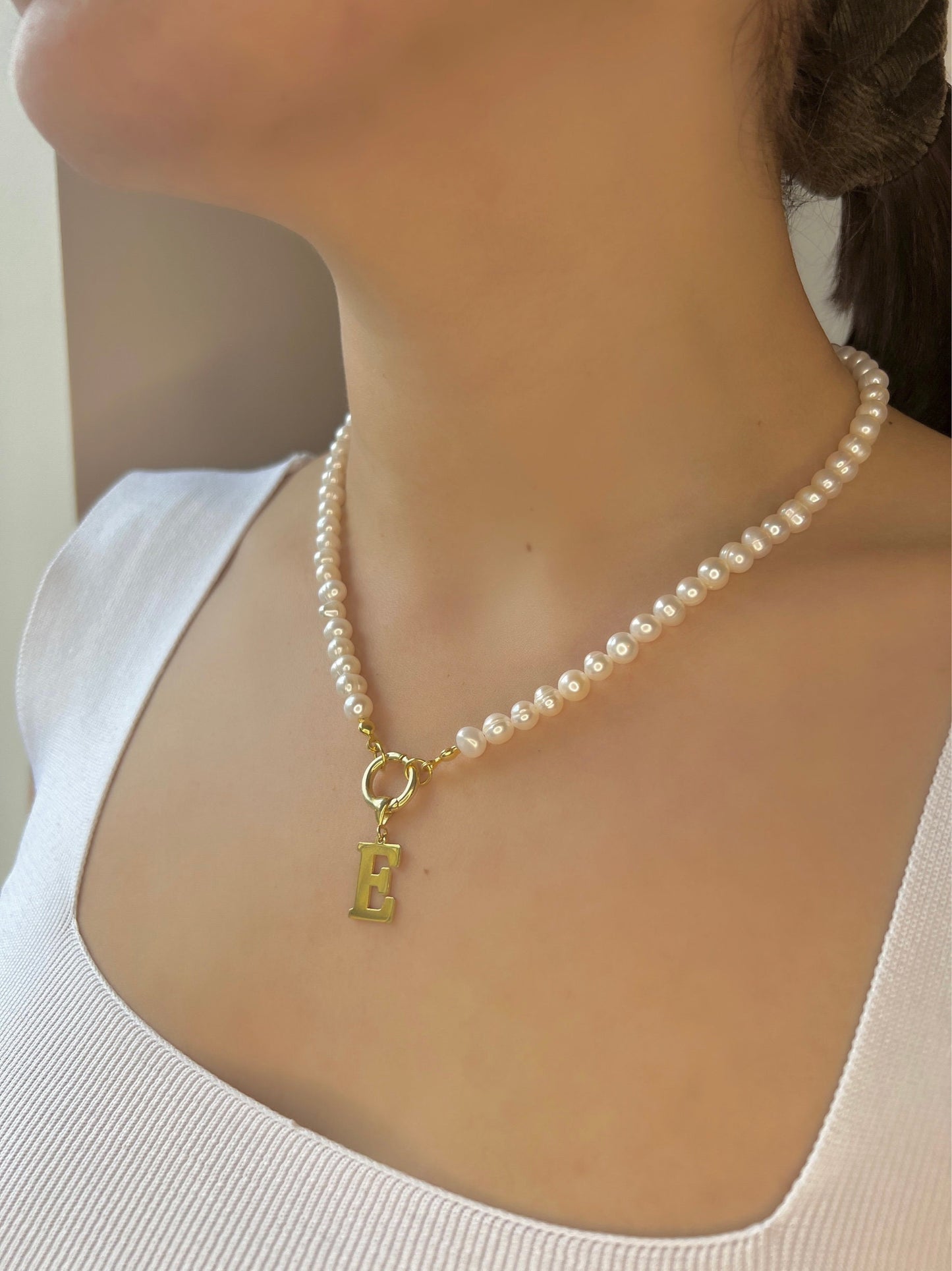 Pearl initial Necklace in Gold| Custom Letter Charm with Pearl Bead Chain| Personalized Pearl Jewelry |Pearl Necklace in 925 Sterling Silver