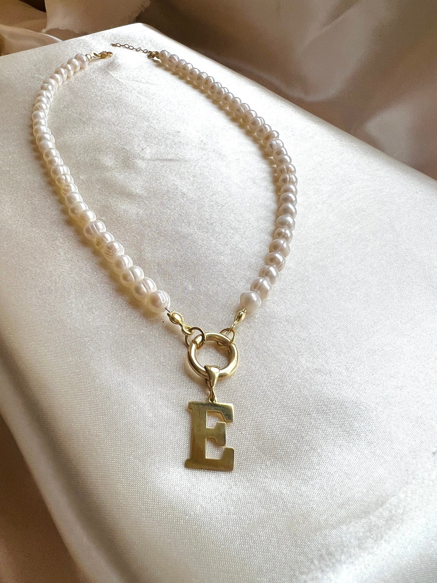 Pearl initial Necklace in Gold| Custom Letter Charm with Pearl Bead Chain| Personalized Pearl Jewelry |Pearl Necklace in 925 Sterling Silver