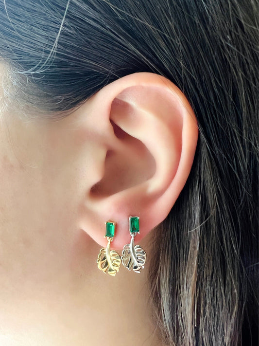 Emerald Green Leaf Stud Earrings in Sterling Silver Green Leaf Drop Earrings in Gold Minimalist Floral Earrings with Green Gemstone For Her