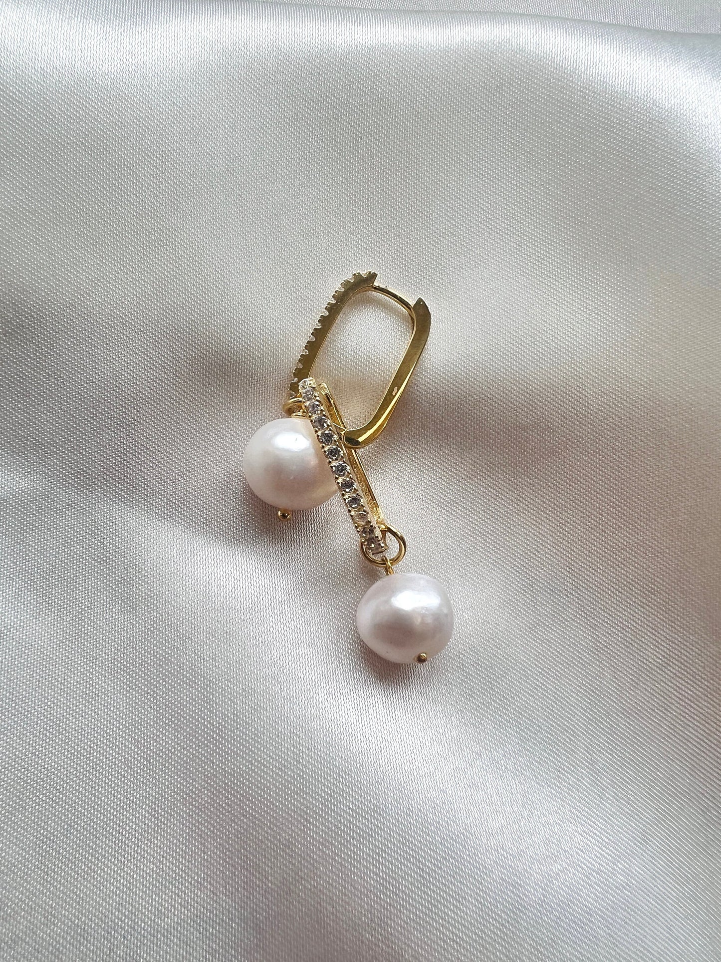 Pearl Huggie Hoops in Gold Dangling Pearl Hoops Pearl Hoop Earrings Cz Gold Pearl Hoop Earrings Simple Pearl Hoop Earring in Sterling Silver