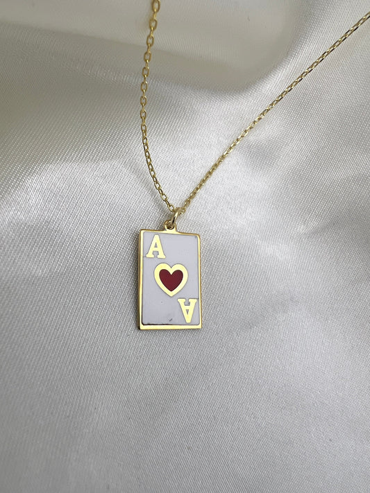 Gold Ace of Heart Necklace, Enameled Ace of Spade Necklaces, Silver Playing Card Necklaces for Women, Gold Filled Poker Card Charm Pendant